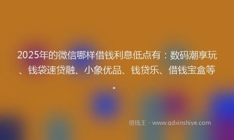 2025年的微信哪样借钱利息低点有：数码潮享玩、钱袋速贷融、小象优品、钱贷乐、借钱宝盒等。