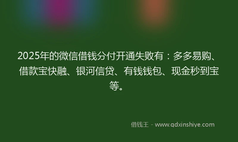 2025年的微信借钱分付开通失败有：多多易购、借款宝快融、银河信贷、有钱钱包、现金秒到宝等。