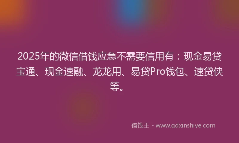 2025年的微信借钱应急不需要信用有：现金易贷宝通、现金速融、龙龙用、易贷Pro钱包、速贷侠等。