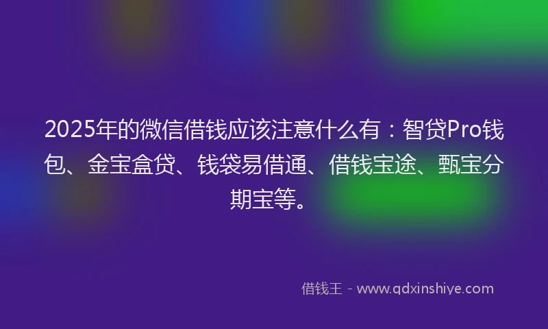 2025年的微信借钱应该注意什么有：智贷Pro钱包、金宝盒贷、钱袋易借通、借钱宝途、甄宝分期宝等。