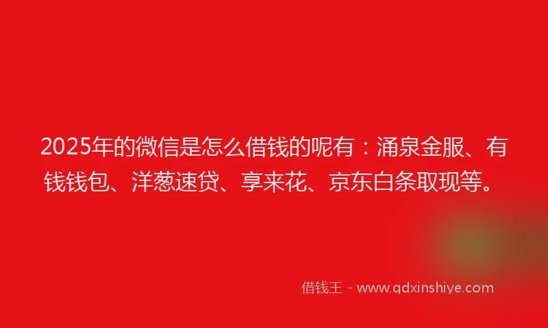 2025年的微信是怎么借钱的呢有：涌泉金服、有钱钱包、洋葱速贷、享来花、京东白条取现等。