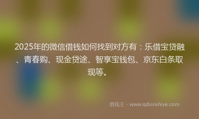 2025年的微信借钱如何找到对方有：乐借宝贷融、青春购、现金贷途、智享宝钱包、京东白条取现等。
