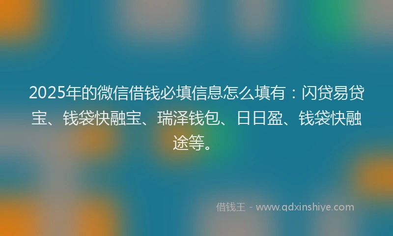 2025年的微信借钱必填信息怎么填有：闪贷易贷宝、钱袋快融宝、瑞泽钱包、日日盈、钱袋快融途等。