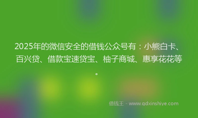 2025年的微信安全的借钱公众号有：小熊白卡、百兴贷、借款宝速贷宝、柚子商城、惠享花花等。