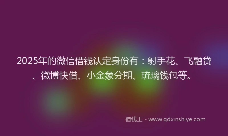 2025年的微信借钱认定身份有：射手花、飞融贷、微博快借、小金象分期、琉璃钱包等。