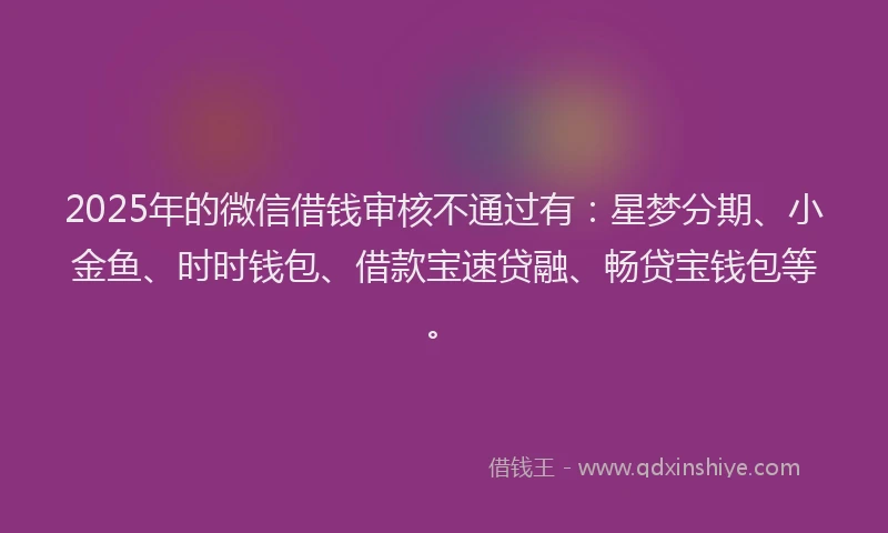2025年的微信借钱审核不通过有：星梦分期、小金鱼、时时钱包、借款宝速贷融、畅贷宝钱包等。