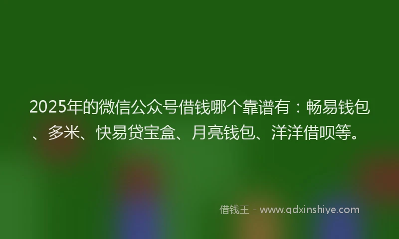 2025年的微信公众号借钱哪个靠谱有：畅易钱包、多米、快易贷宝盒、月亮钱包、洋洋借呗等。