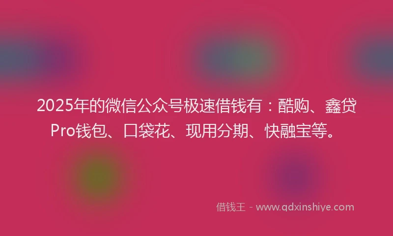 2025年的微信公众号极速借钱有：酷购、鑫贷Pro钱包、口袋花、现用分期、快融宝等。