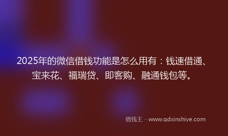 2025年的微信借钱功能是怎么用有：钱速借通、宝来花、福瑞贷、即客购、融通钱包等。