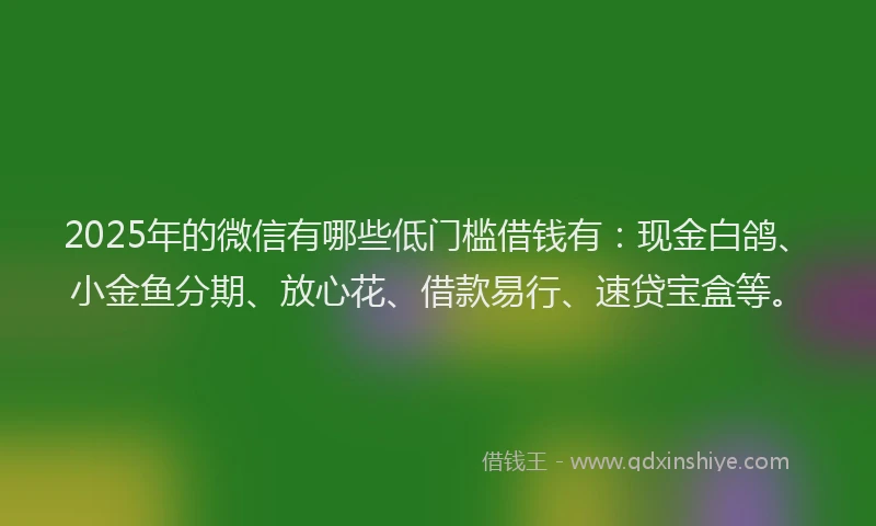 2025年的微信有哪些低门槛借钱有：现金白鸽、小金鱼分期、放心花、借款易行、速贷宝盒等。