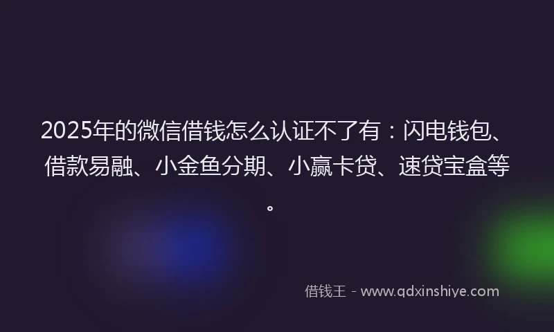 2025年的微信借钱怎么认证不了有：闪电钱包、借款易融、小金鱼分期、小赢卡贷、速贷宝盒等。