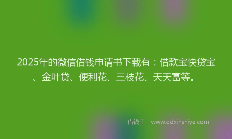 2025年的微信借钱申请书下载有：借款宝快贷宝、金叶贷、便利花、三枝花、天天富等。