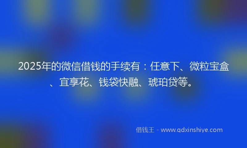 2025年的微信借钱的手续有：任意下、微粒宝盒、宜享花、钱袋快融、琥珀贷等。
