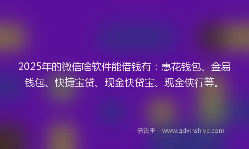 2025年的微信啥软件能借钱有：惠花钱包、金易钱包、快捷宝贷、现金快贷宝、现金侠行等。