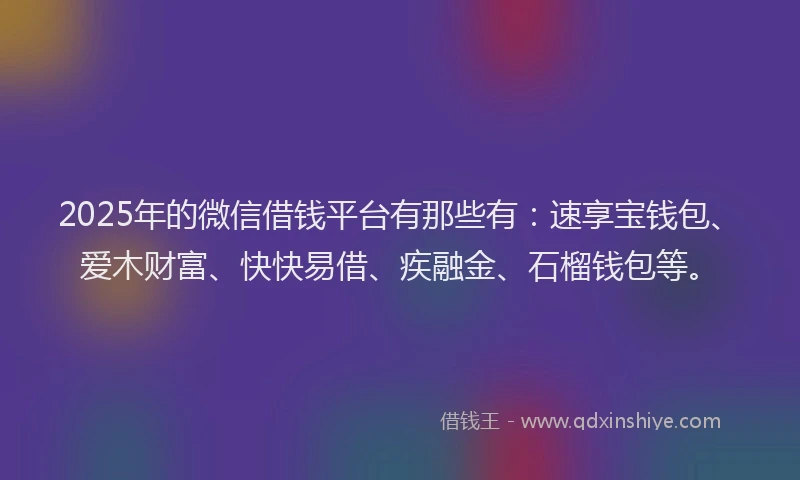 2025年的微信借钱平台有那些有：速享宝钱包、爱木财富、快快易借、疾融金、石榴钱包等。