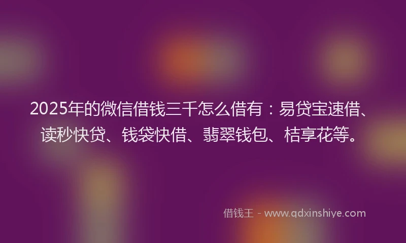 2025年的微信借钱三千怎么借有：易贷宝速借、读秒快贷、钱袋快借、翡翠钱包、桔享花等。