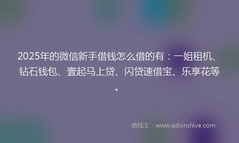 2025年的微信新手借钱怎么借的有：一姐租机、钻石钱包、壹起马上贷、闪贷速借宝、乐享花等。