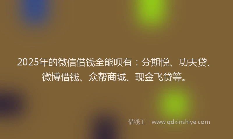 2025年的微信借钱全能呗有：分期悦、功夫贷、微博借钱、众帮商城、现金飞贷等。
