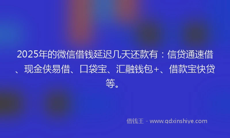 2025年的微信借钱延迟几天还款有：信贷通速借、现金侠易借、口袋宝、汇融钱包+、借款宝快贷等。
