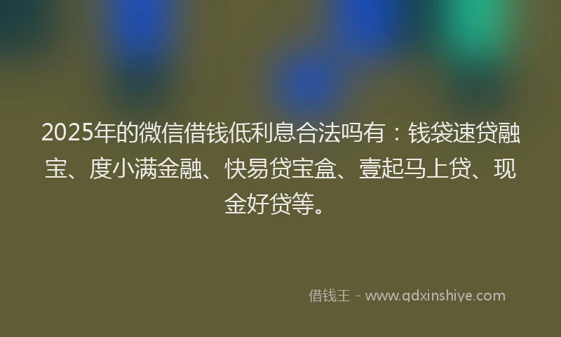 2025年的微信借钱低利息合法吗有：钱袋速贷融宝、度小满金融、快易贷宝盒、壹起马上贷、现金好贷等。