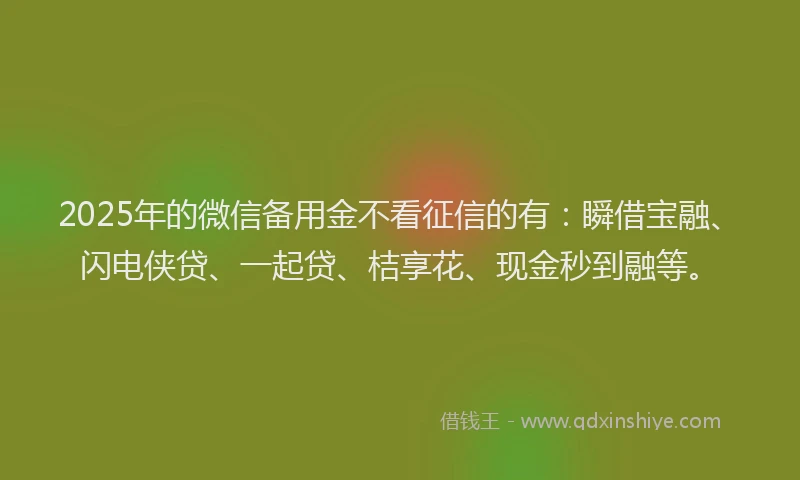 2025年的微信备用金不看征信的有：瞬借宝融、闪电侠贷、一起贷、桔享花、现金秒到融等。