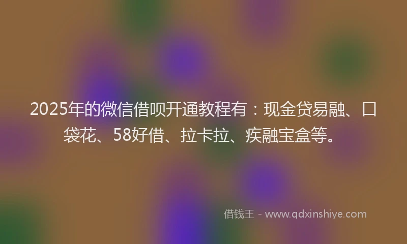 2025年的微信借呗开通教程有：现金贷易融、口袋花、58好借、拉卡拉、疾融宝盒等。