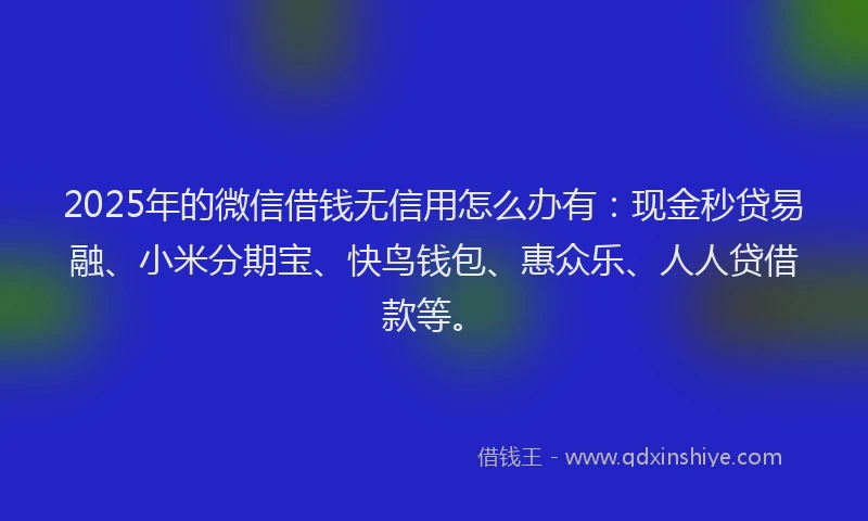 2025年的微信借钱无信用怎么办有：现金秒贷易融、小米分期宝、快鸟钱包、惠众乐、人人贷借款等。