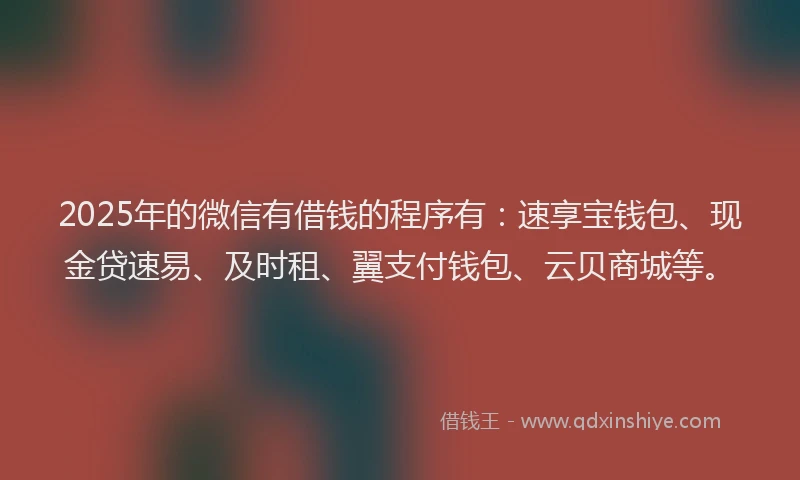 2025年的微信有借钱的程序有：速享宝钱包、现金贷速易、及时租、翼支付钱包、云贝商城等。