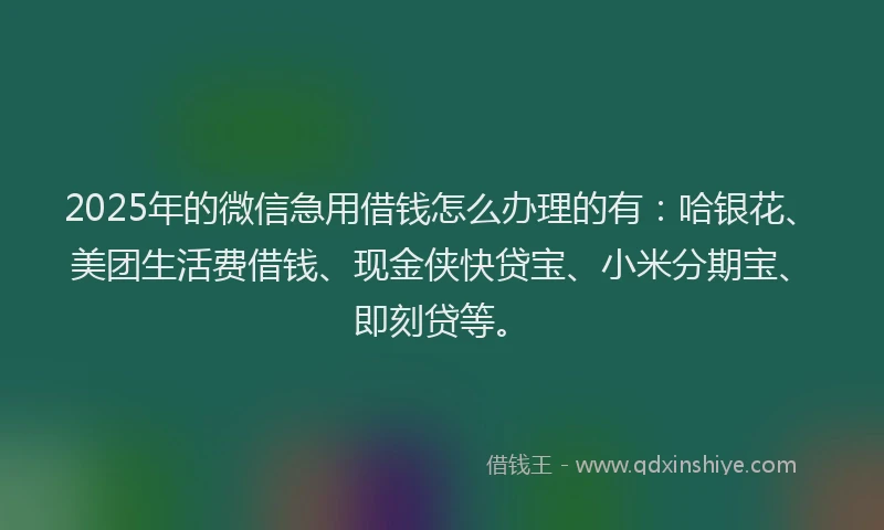 2025年的微信急用借钱怎么办理的有：哈银花、美团生活费借钱、现金侠快贷宝、小米分期宝、即刻贷等。