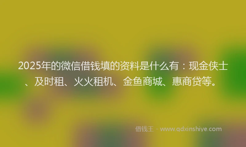 2025年的微信借钱填的资料是什么有：现金侠士、及时租、火火租机、金鱼商城、惠商贷等。