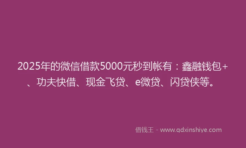 2025年的微信借款5000元秒到帐有：鑫融钱包+、功夫快借、现金飞贷、e微贷、闪贷侠等。