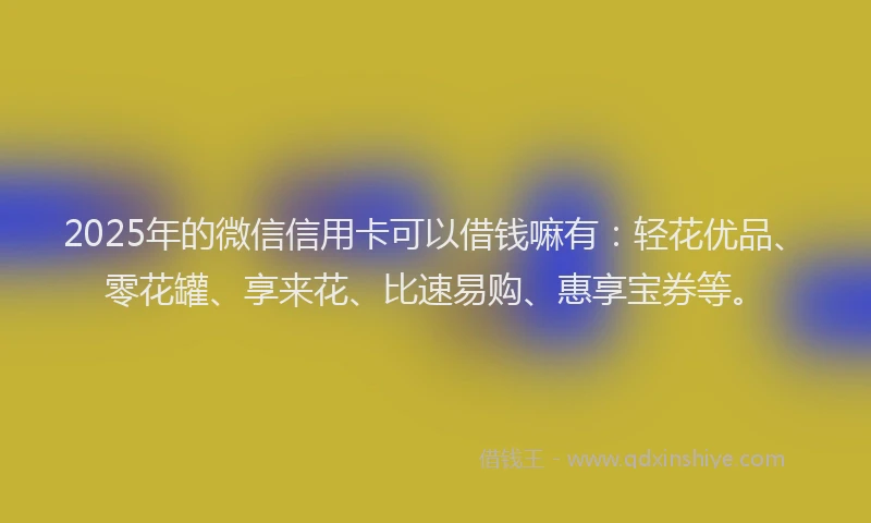 2025年的微信信用卡可以借钱嘛有：轻花优品、零花罐、享来花、比速易购、惠享宝券等。