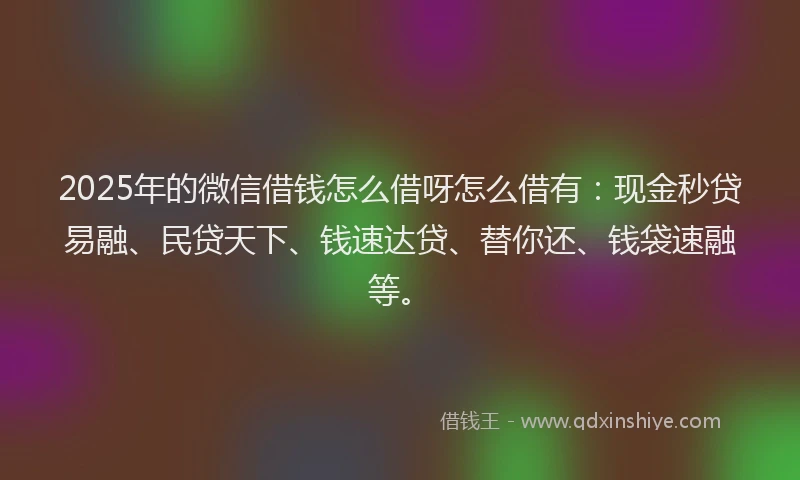 2025年的微信借钱怎么借呀怎么借有：现金秒贷易融、民贷天下、钱速达贷、替你还、钱袋速融等。