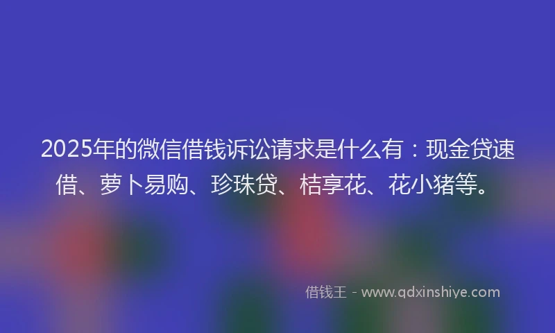 2025年的微信借钱诉讼请求是什么有：现金贷速借、萝卜易购、珍珠贷、桔享花、花小猪等。
