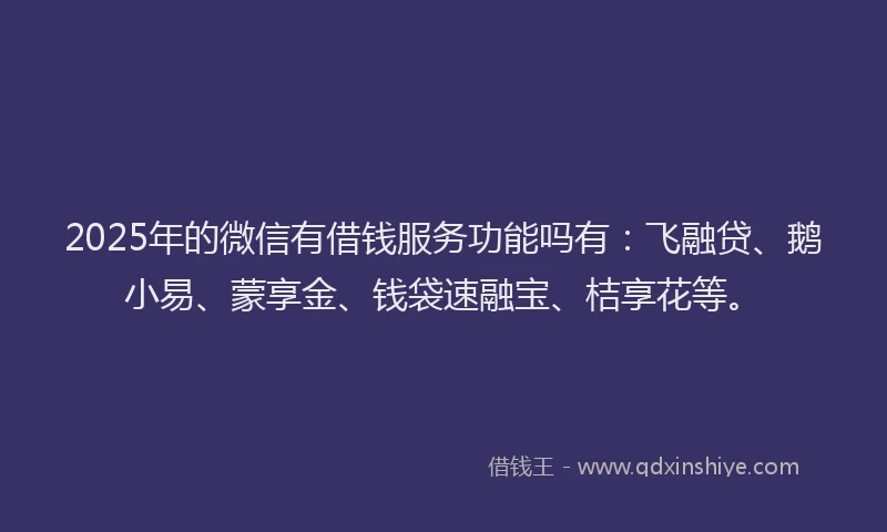 2025年的微信有借钱服务功能吗有：飞融贷、鹅小易、蒙享金、钱袋速融宝、桔享花等。