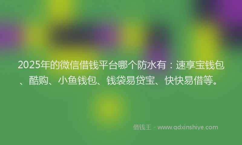 2025年的微信借钱平台哪个防水有：速享宝钱包、酷购、小鱼钱包、钱袋易贷宝、快快易借等。
