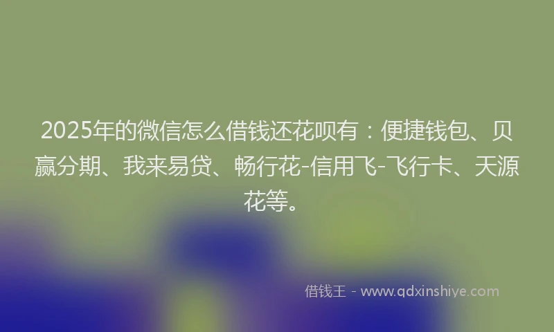 2025年的微信怎么借钱还花呗有：便捷钱包、贝赢分期、我来易贷、畅行花-信用飞-飞行卡、天源花等。