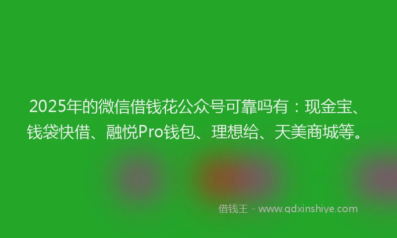 2025年的微信借钱花公众号可靠吗有：现金宝、钱袋快借、融悦Pro钱包、理想给、天美商城等。