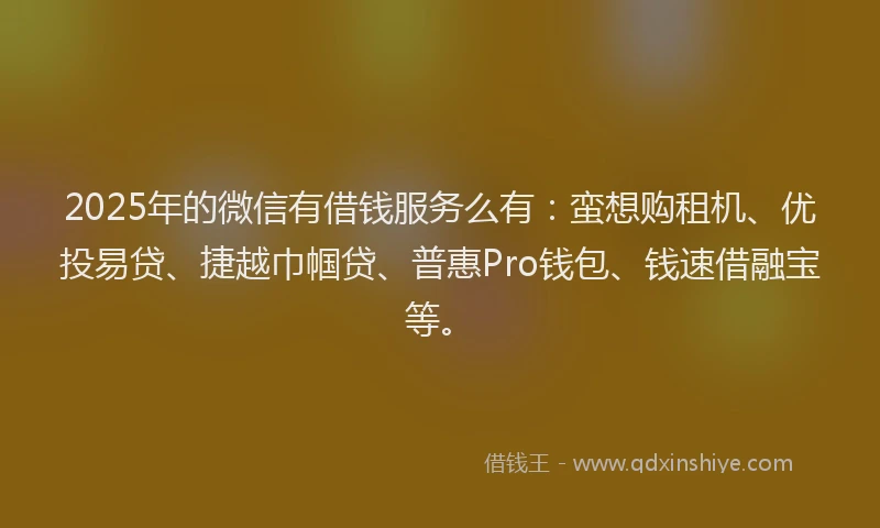 2025年的微信有借钱服务么有：蛮想购租机、优投易贷、捷越巾帼贷、普惠Pro钱包、钱速借融宝等。