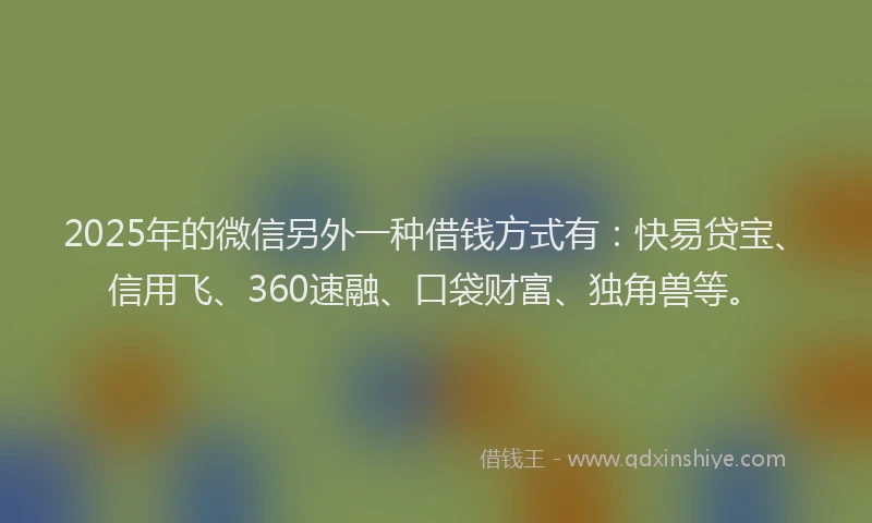 2025年的微信另外一种借钱方式有：快易贷宝、信用飞、360速融、口袋财富、独角兽等。