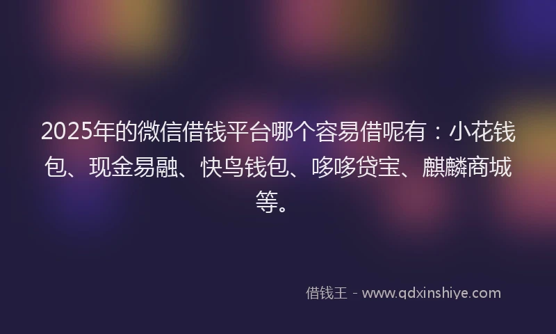 2025年的微信借钱平台哪个容易借呢有：小花钱包、现金易融、快鸟钱包、哆哆贷宝、麒麟商城等。