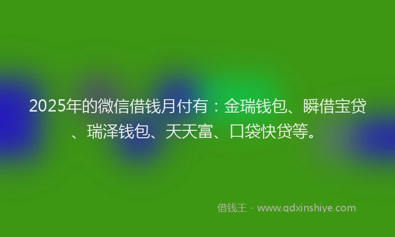 2025年的微信借钱月付有：金瑞钱包、瞬借宝贷、瑞泽钱包、天天富、口袋快贷等。