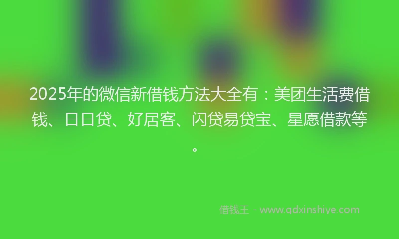 2025年的微信新借钱方法大全有：美团生活费借钱、日日贷、好居客、闪贷易贷宝、星愿借款等。