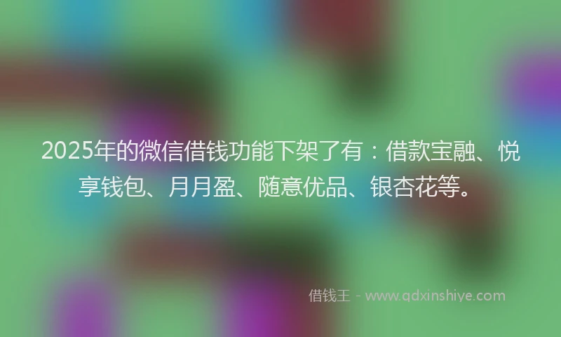 2025年的微信借钱功能下架了有：借款宝融、悦享钱包、月月盈、随意优品、银杏花等。