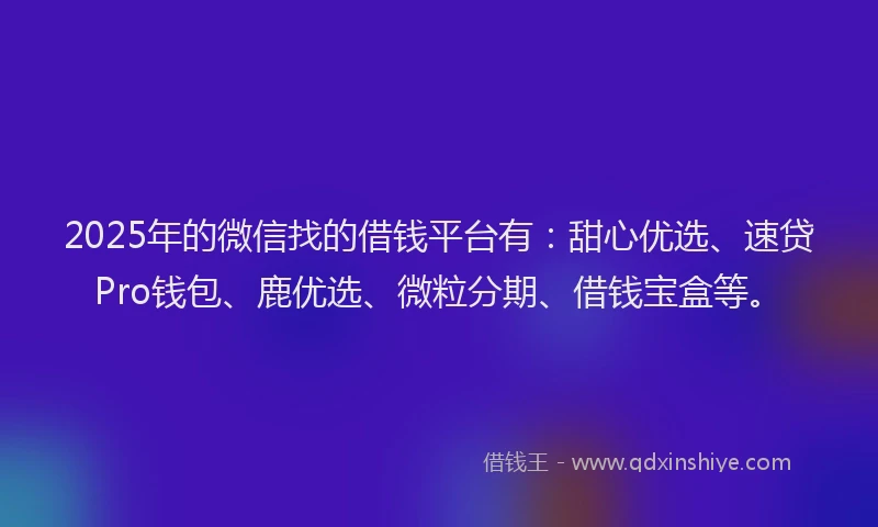 2025年的微信找的借钱平台有：甜心优选、速贷Pro钱包、鹿优选、微粒分期、借钱宝盒等。