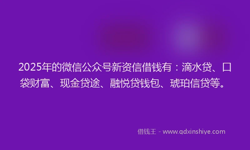 2025年的微信公众号新资信借钱有：滴水贷、口袋财富、现金贷途、融悦贷钱包、琥珀信贷等。