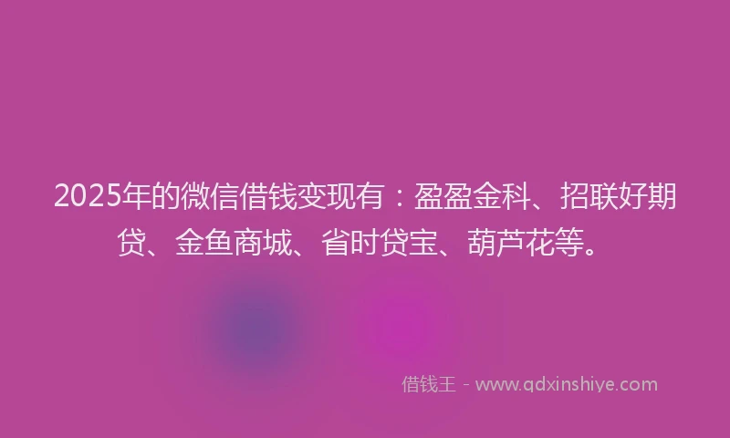 2025年的微信借钱变现有：盈盈金科、招联好期贷、金鱼商城、省时贷宝、葫芦花等。