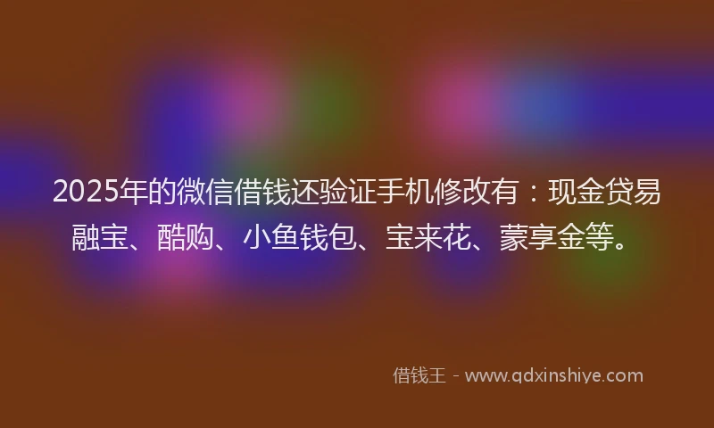 2025年的微信借钱还验证手机修改有：现金贷易融宝、酷购、小鱼钱包、宝来花、蒙享金等。