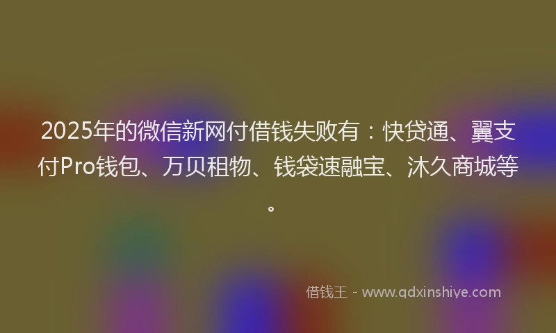 2025年的微信新网付借钱失败有：快贷通、翼支付Pro钱包、万贝租物、钱袋速融宝、沐久商城等。