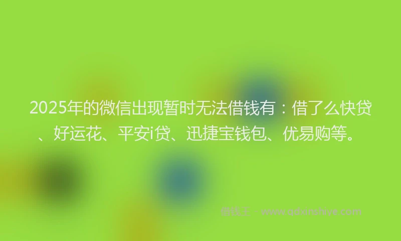 2025年的微信出现暂时无法借钱有：借了么快贷、好运花、平安i贷、迅捷宝钱包、优易购等。